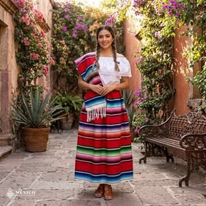 Traditional Mexican Sarape Dress Set, 3 Piece Outfit with Blouse, Skirt & Rebozo